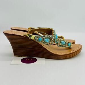 Mystique Women's Hand Crafted Turquoise Jeweled Wedge Thong Sandals Size 8